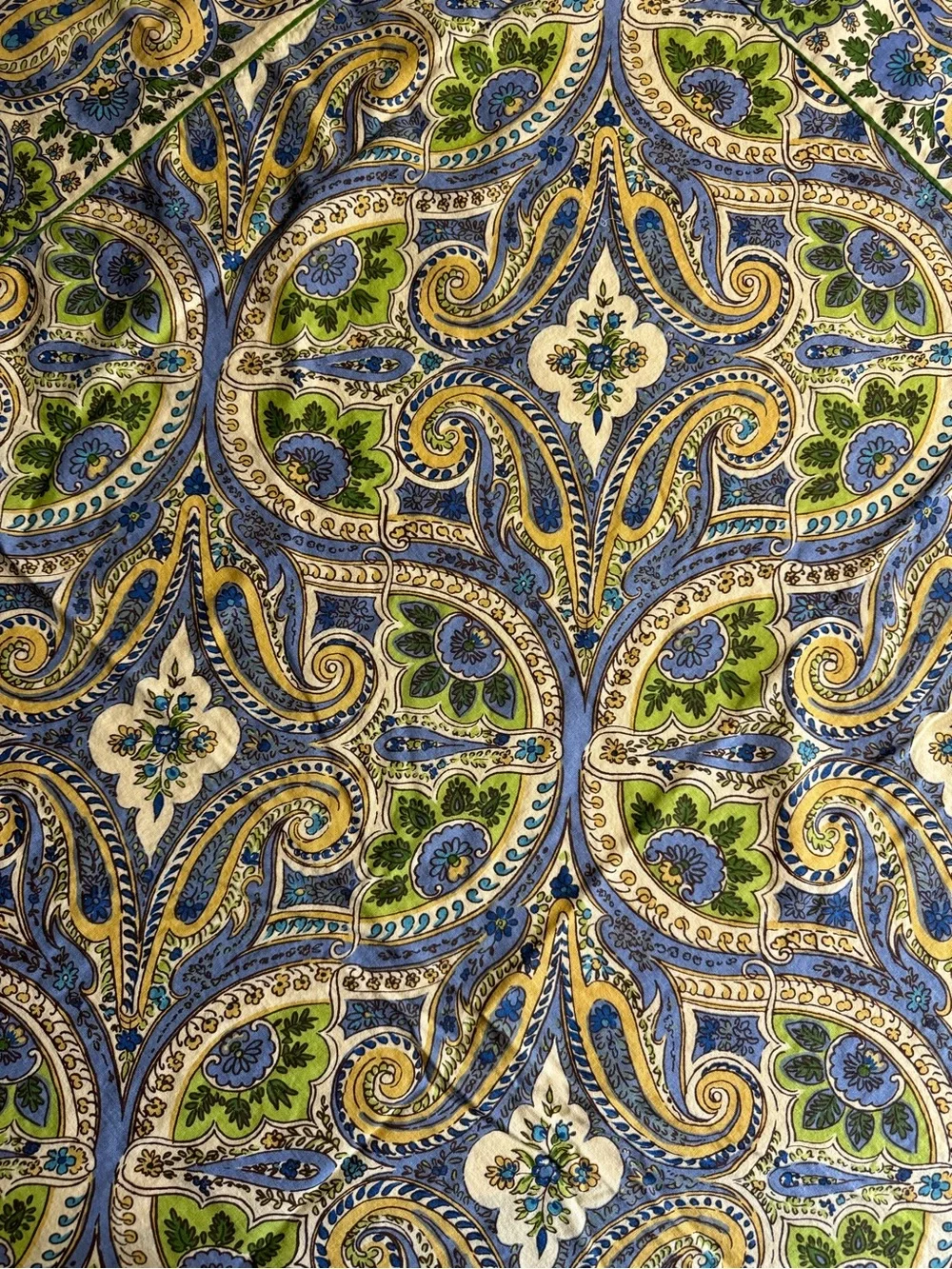 Vintage April Cornell Blue,Green & yellow Paisley Print Round 70” Tablecloth